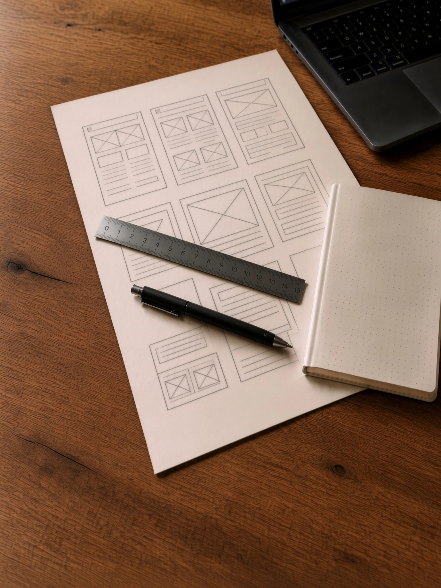 Website wireframes, a ruler, pen, notebook, and laptop arranged on a wooden worktable